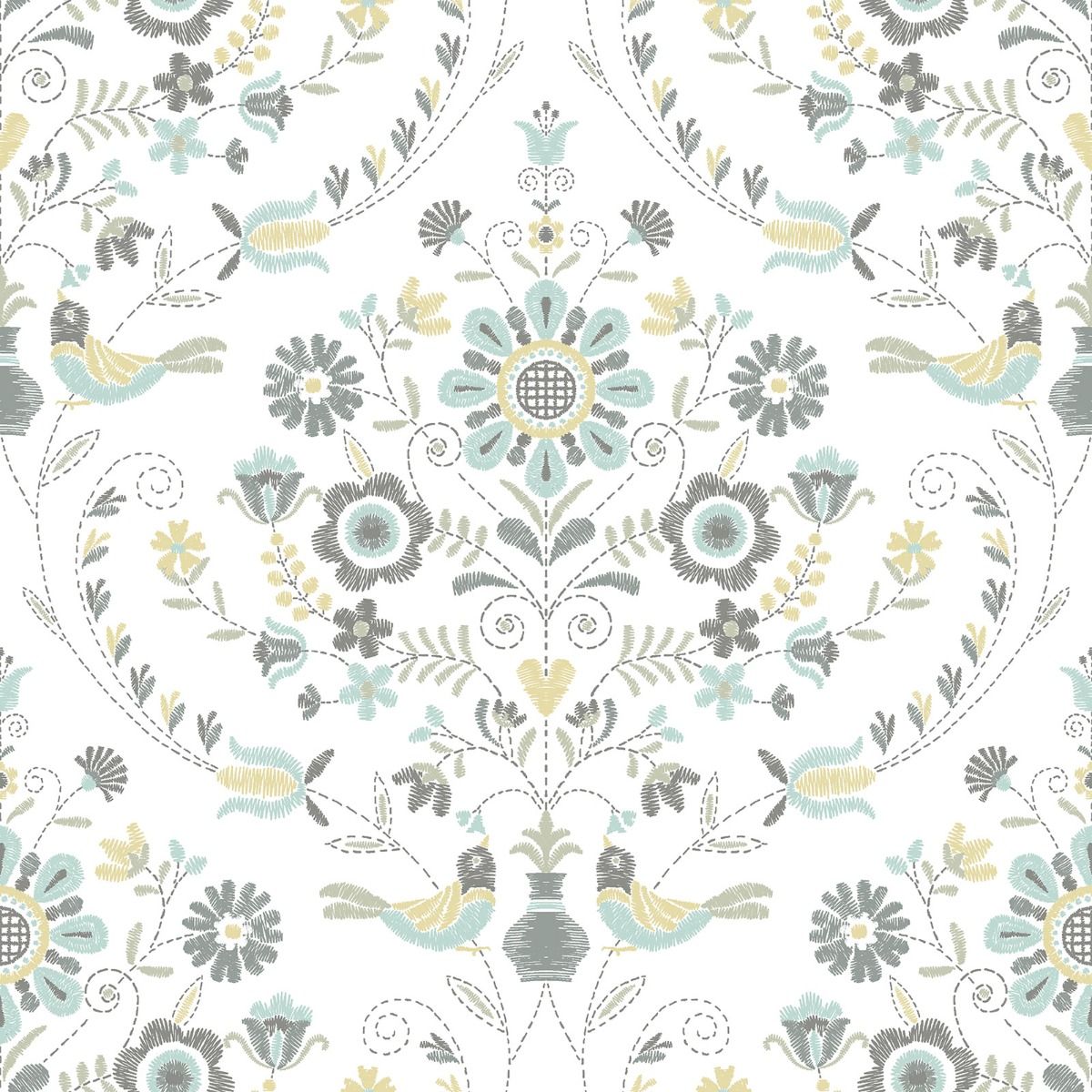 Britt Woodland Damask Vinyl Wallpaper - Ochre / Turquoise - Fine Decor