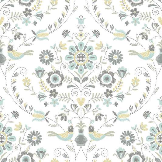 Britt Woodland Damask Vinyl Wallpaper - Ochre / Turquoise - Fine Decor