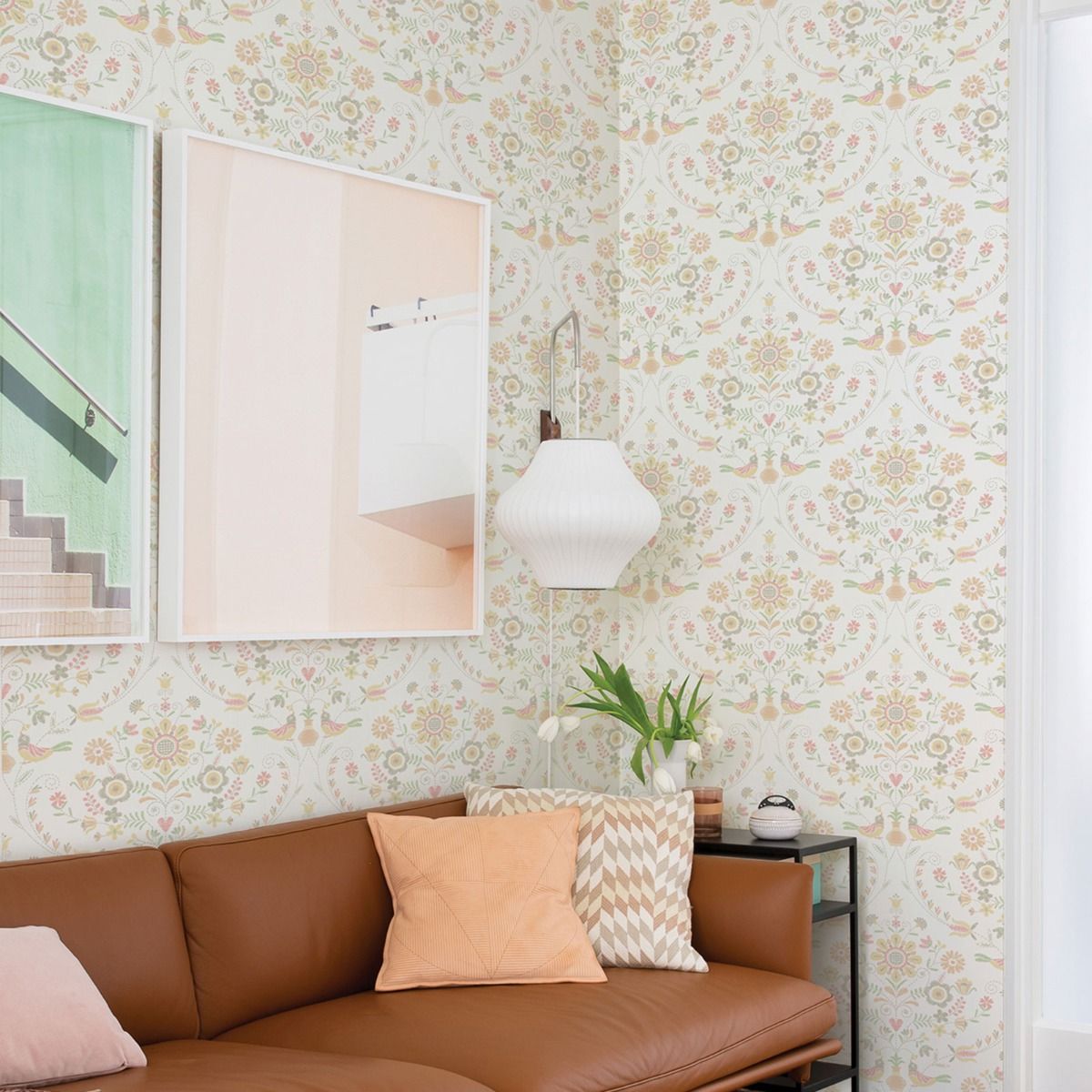 Britt Woodland Damask Vinyl Wallpaper - Peach - Fine Decor