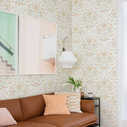 Britt Woodland Damask Vinyl Wallpaper - Peach - Fine Decor