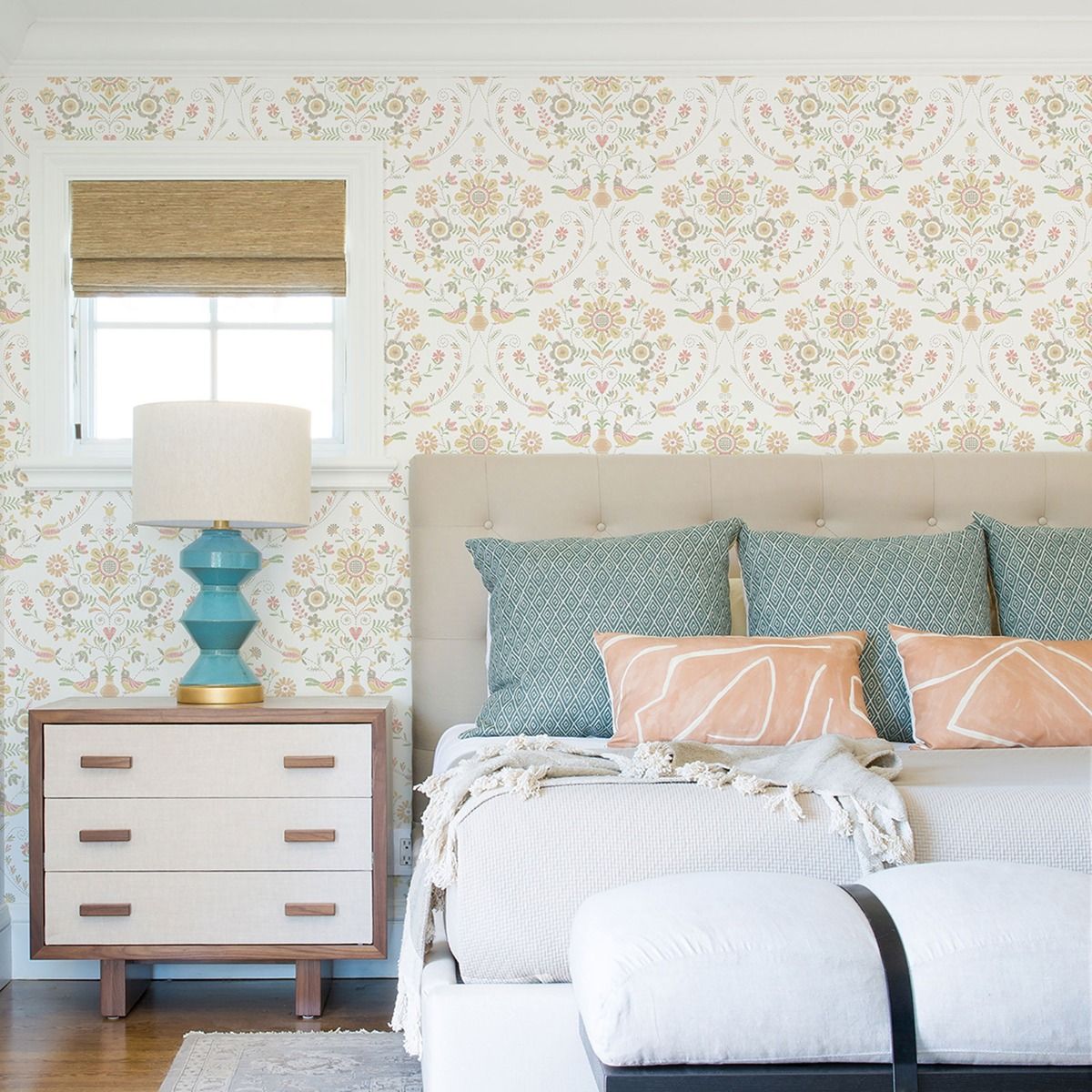 Britt Woodland Damask Vinyl Wallpaper - Peach - Fine Decor