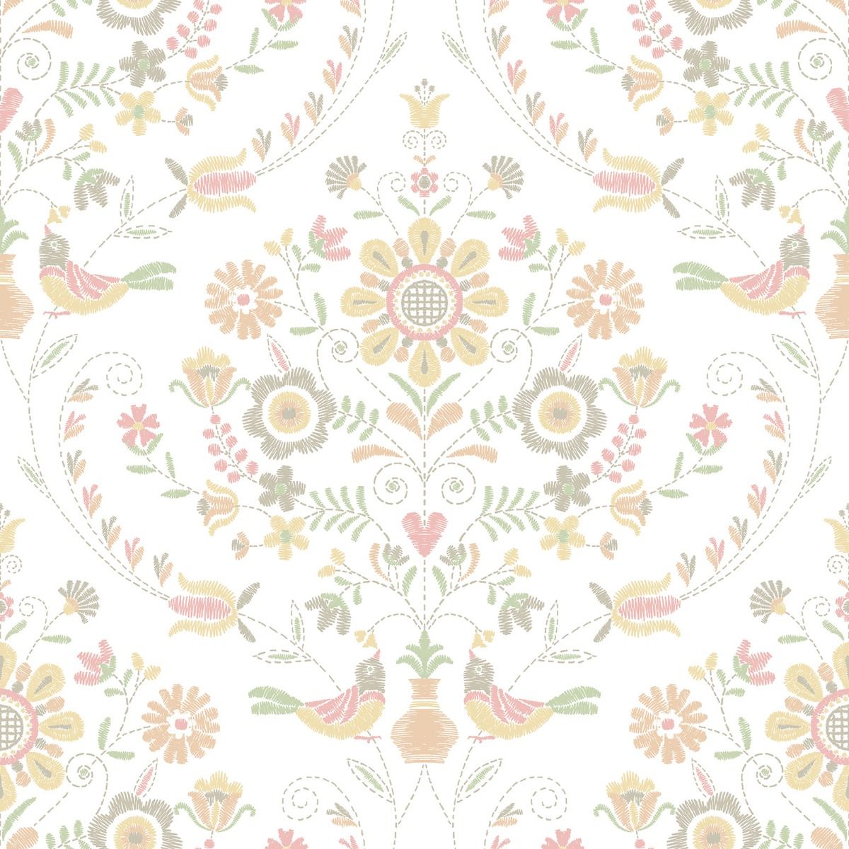 Britt Woodland Damask Vinyl Wallpaper - Peach - Fine Decor