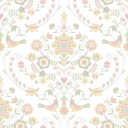 Britt Woodland Damask Vinyl Wallpaper - Peach - Fine Decor