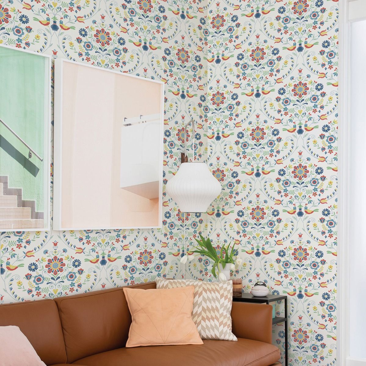 Britt Woodland Damask Vinyl Wallpaper - Red / Blue - Fine Decor