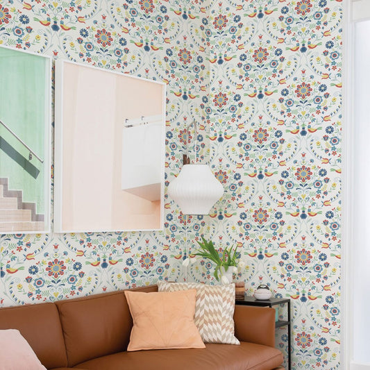 Britt Woodland Damask Vinyl Wallpaper - Red / Blue - Fine Decor