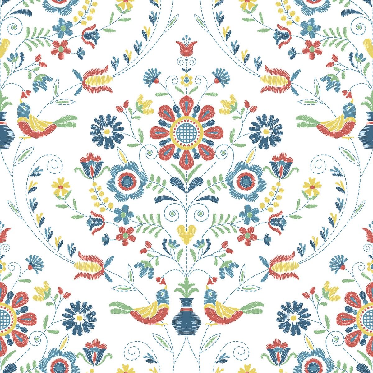 Britt Woodland Damask Vinyl Wallpaper - Red / Blue - Fine Decor