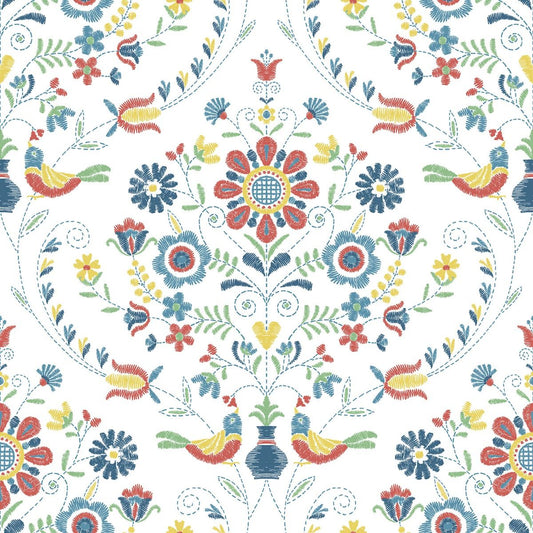 Britt Woodland Damask Vinyl Wallpaper - Red / Blue - Fine Decor