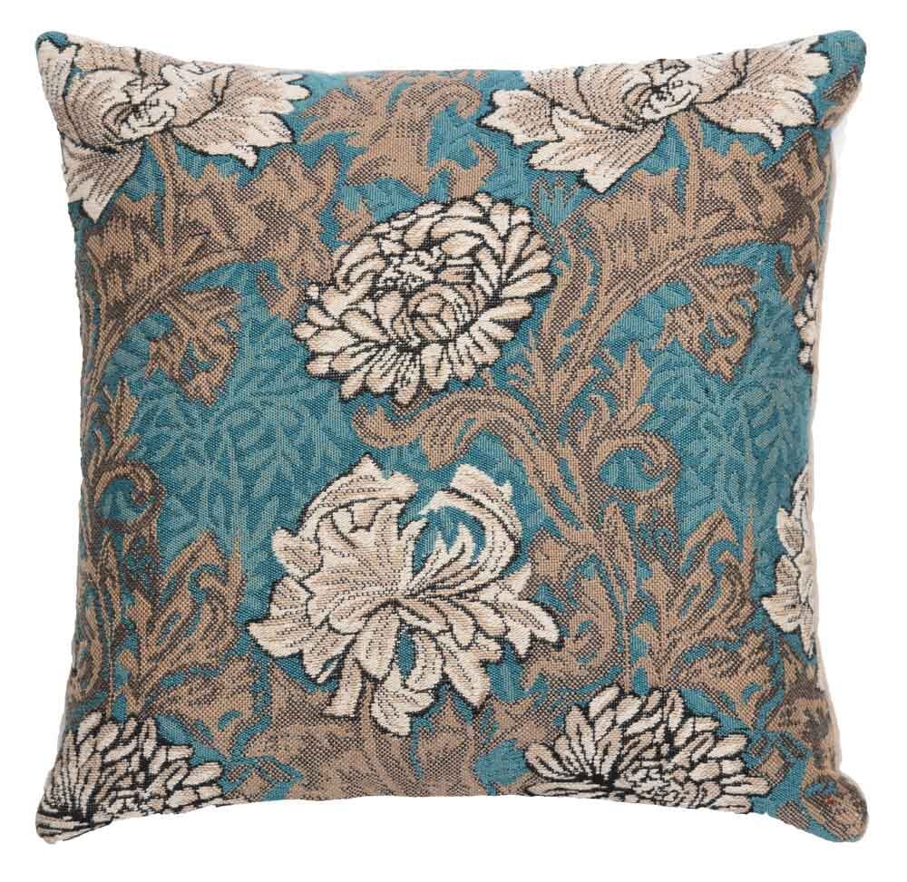 Chrysanthemums Cushion with Feather Filler - Aqua - Hines of Oxford