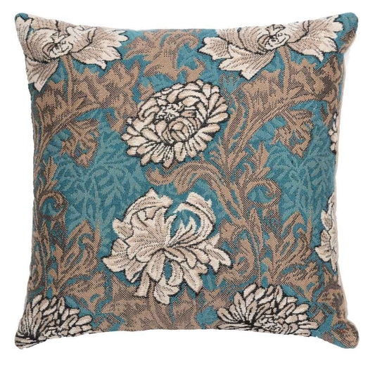 Chrysanthemums Cushion with Feather Filler - Aqua - Hines of Oxford