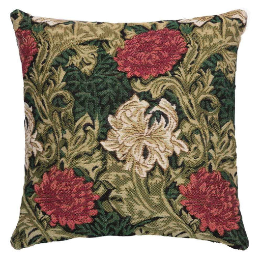 Chrysanthemums Cushion with Feather Filler - Green - Hines of Oxford