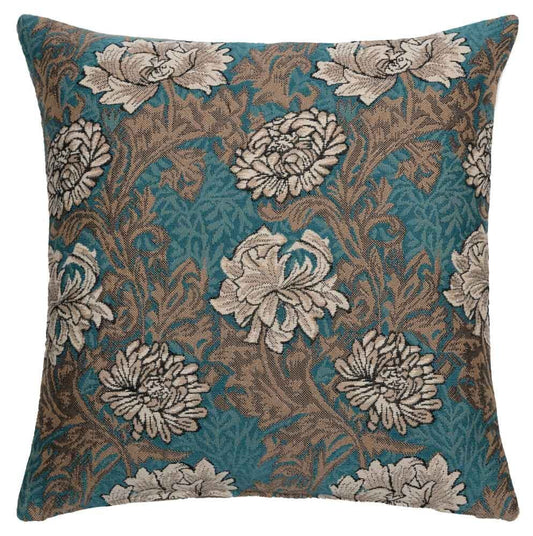 Chrysanthemums Regular Cushion with Feather Filler - Aqua - Hines of Oxford