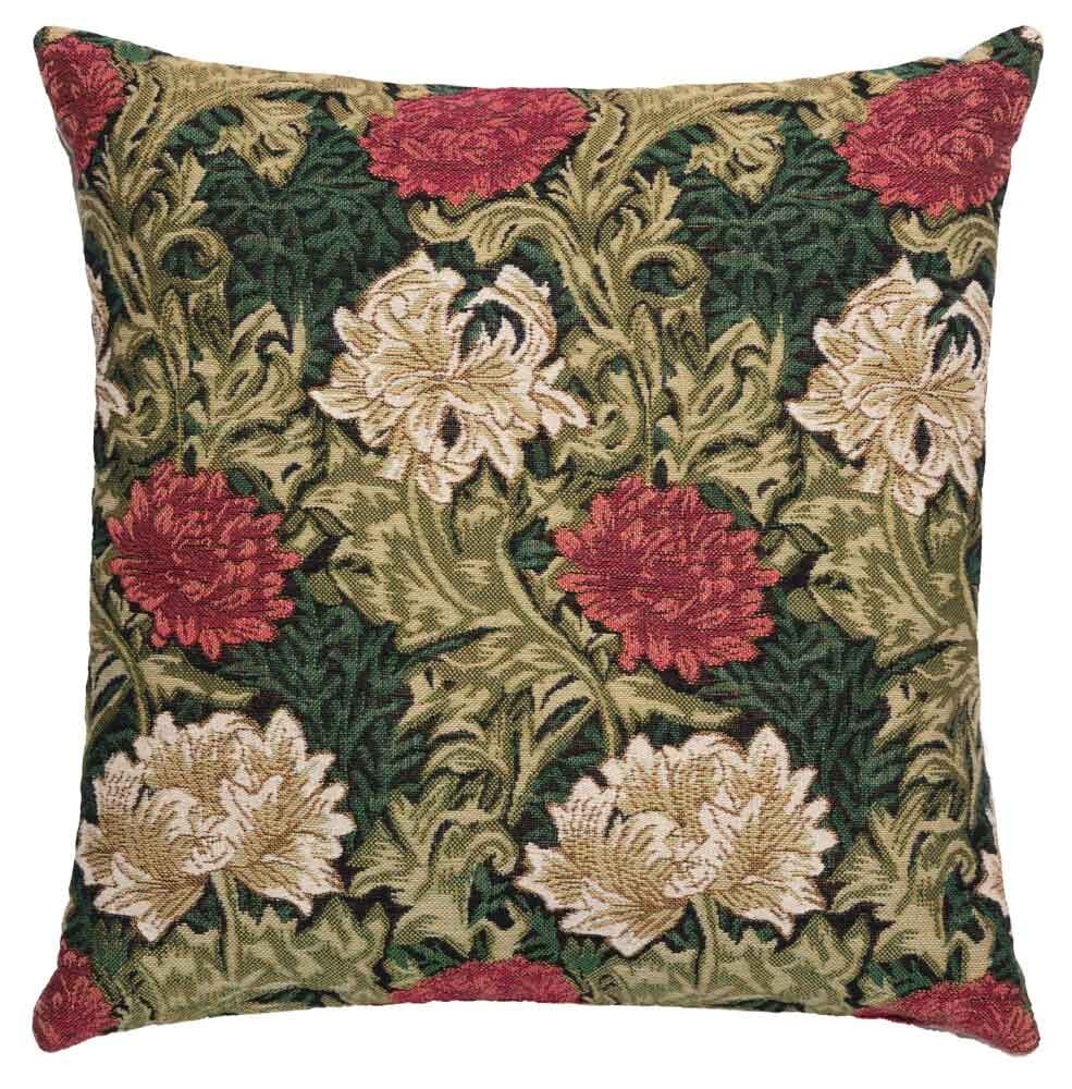Chrysanthemums Regular Cushion with Feather Filler - Green - Hines of Oxford