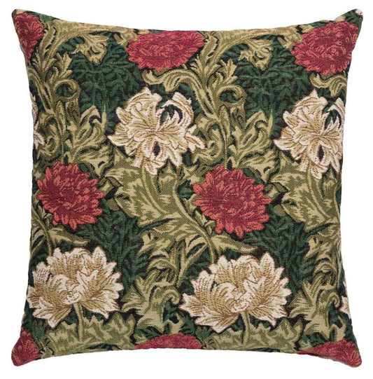 Chrysanthemums Regular Cushion with Feather Filler - Green - Hines of Oxford