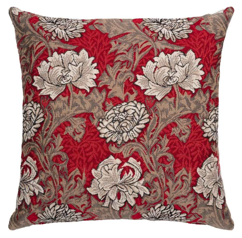 Chrysanthemums Regular Cushion with Feather Filler - Red - Hines of Oxford