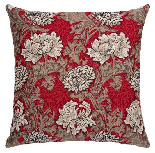 Chrysanthemums Regular Cushion with Feather Filler - Red - Hines of Oxford