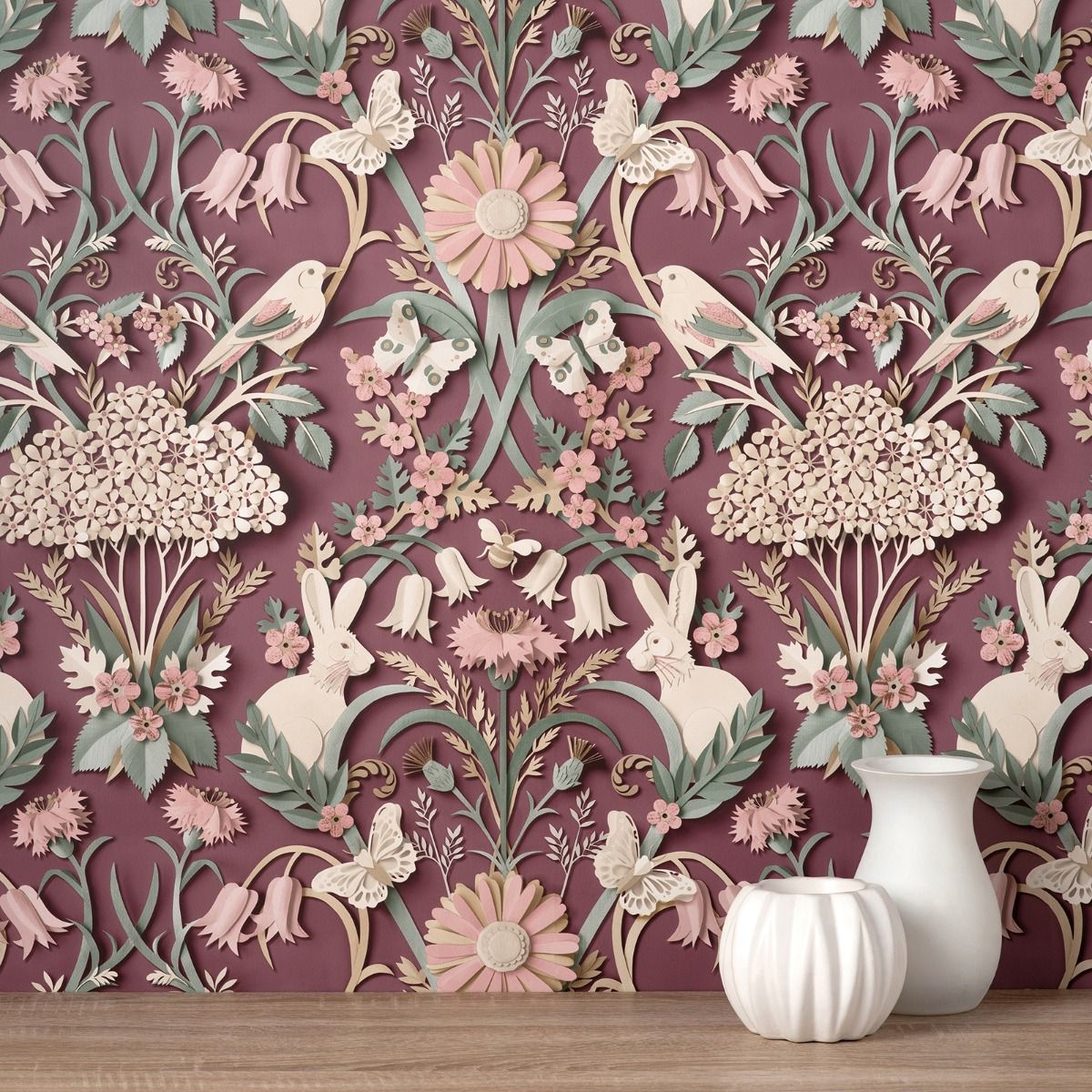 Dimensions Woodland Wallpaper - Plum - Fine Decor