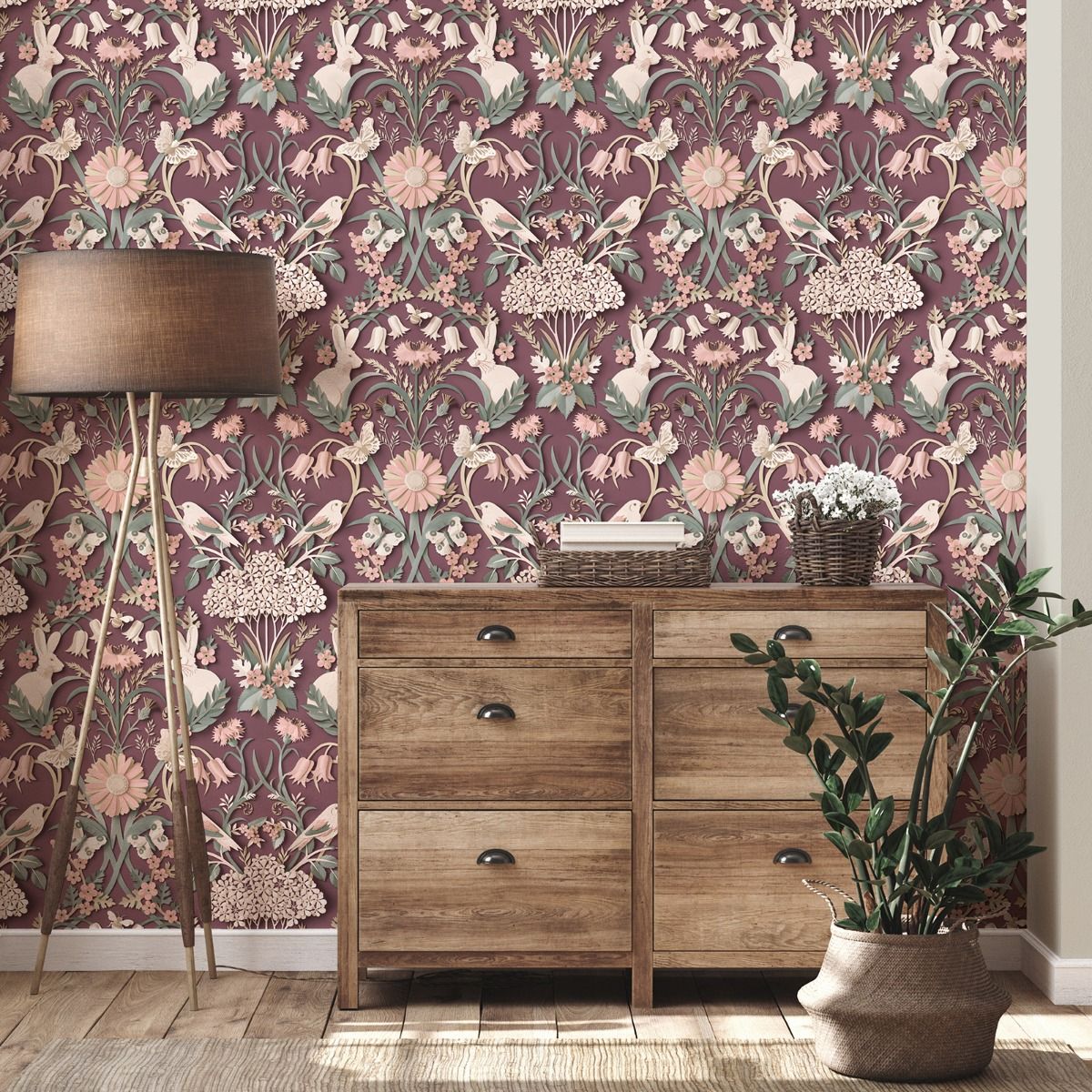 Dimensions Woodland Wallpaper - Plum - Fine Decor
