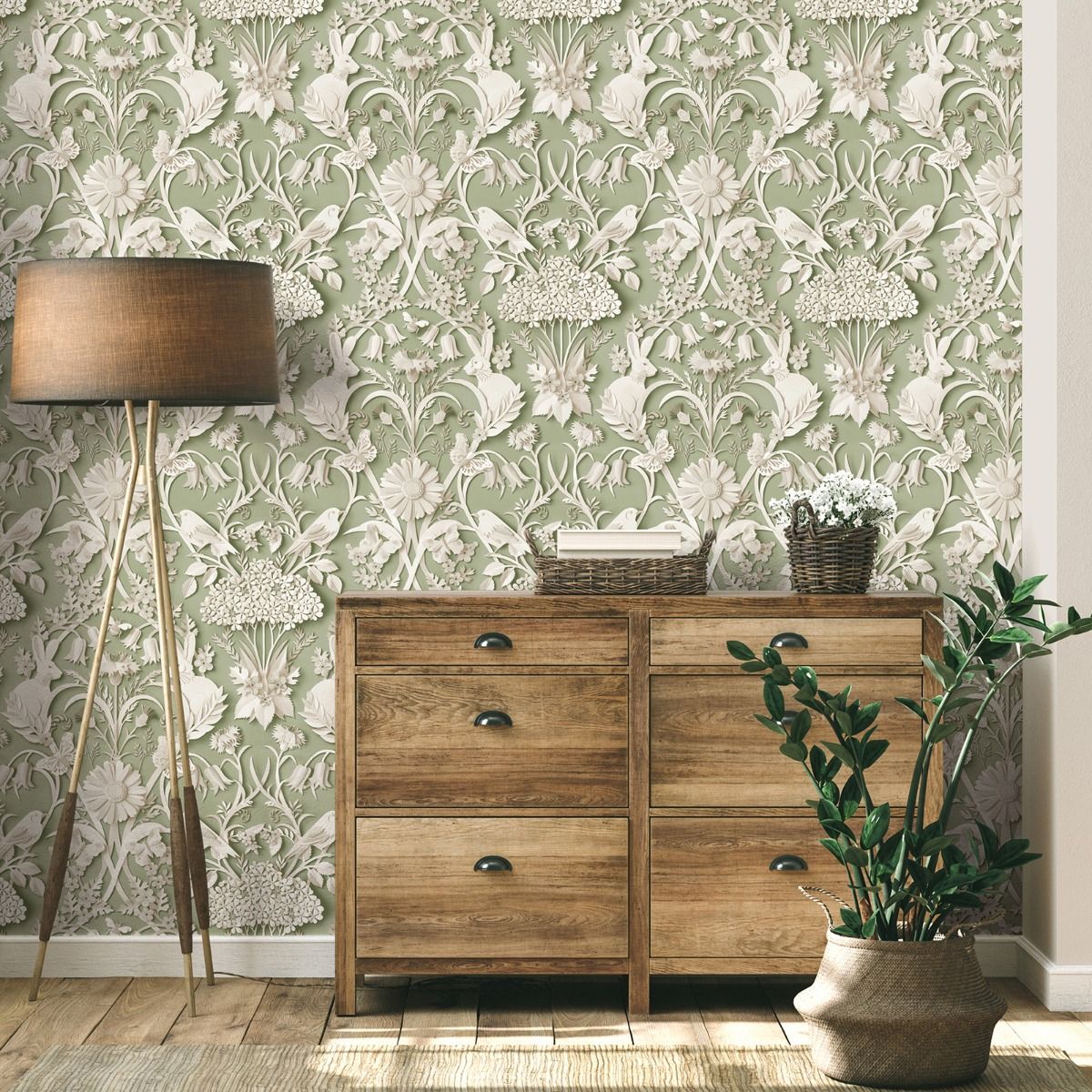 Dimensions Woodland Wallpaper - Sage Green - Fine Decor