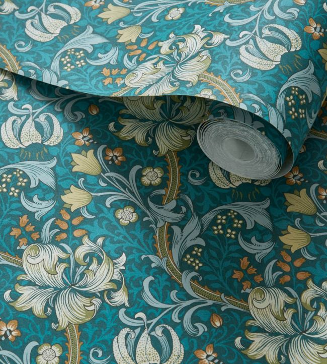 Golden Lily Wallpaper - Teal - Clarke & Clarke