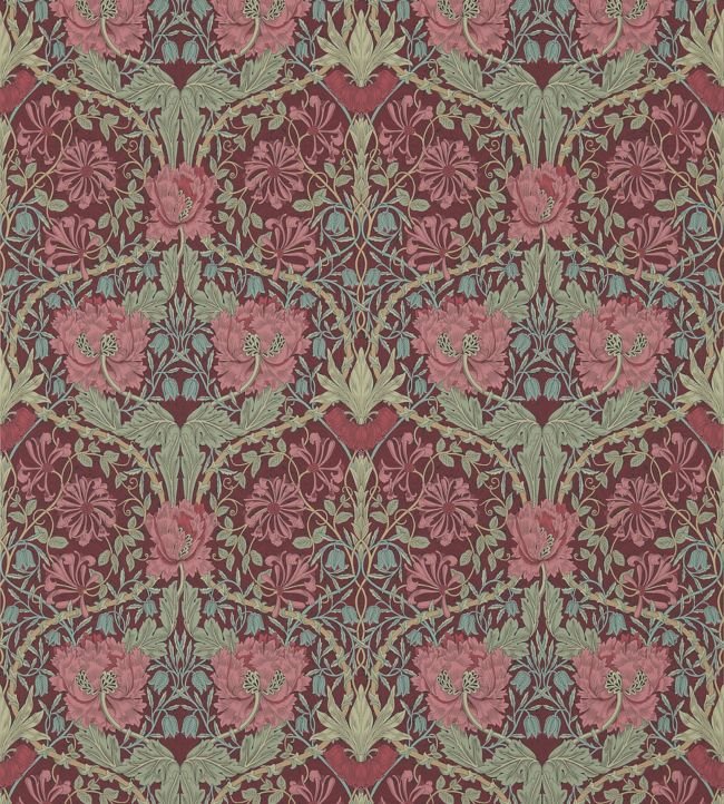 Honeysuckle & Tulip Wallpaper - Burgundy/Sage - 214703 - Morris & Co
