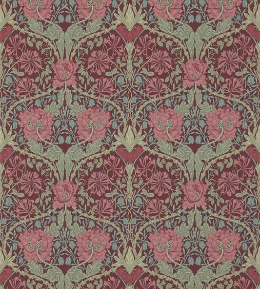 Honeysuckle & Tulip Wallpaper - Burgundy/Sage - 214703 - Morris & Co