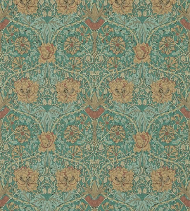 Honeysuckle & Tulip Wallpaper - Emerald/Russet - 214704 - Morris & Co