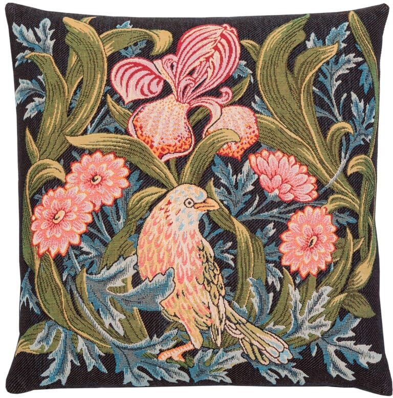 Iris & Bird Tapestry Cushion with Feather Filler - Blue - Hines of Oxford