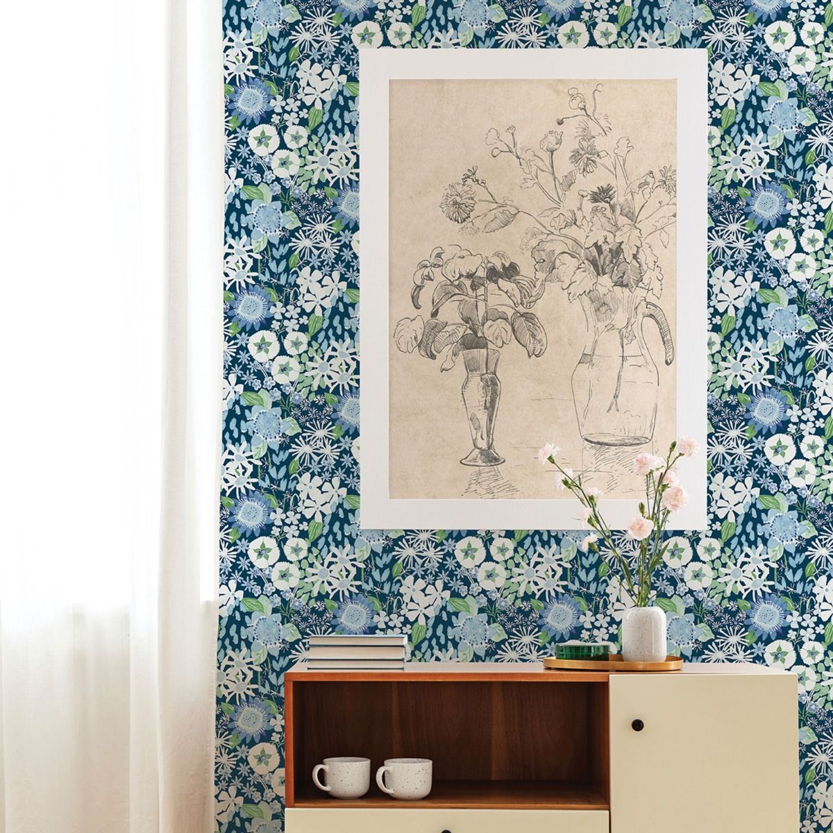 Karina Wildflower Garden Vinyl Wallpaper - Blue - Fine Decor