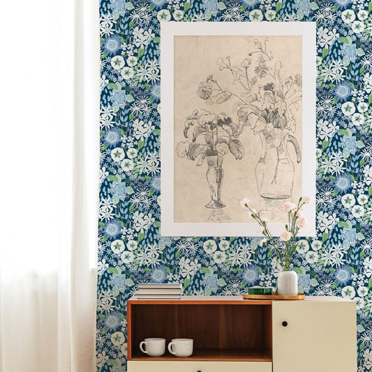 Karina Wildflower Garden Vinyl Wallpaper - Blue - Fine Decor