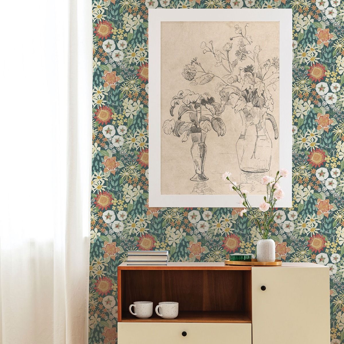 Karina Wildflower Garden Vinyl Wallpaper - Green - Fine Decor