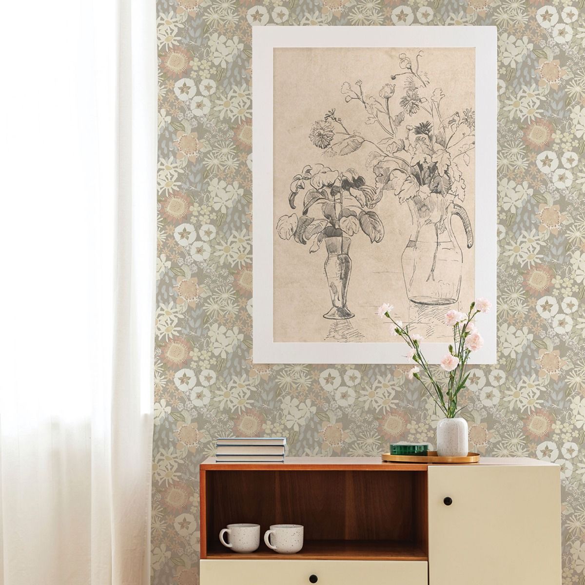 Karina Wildflower Garden Vinyl Wallpaper - Light Grey / Blue - Fine Decor