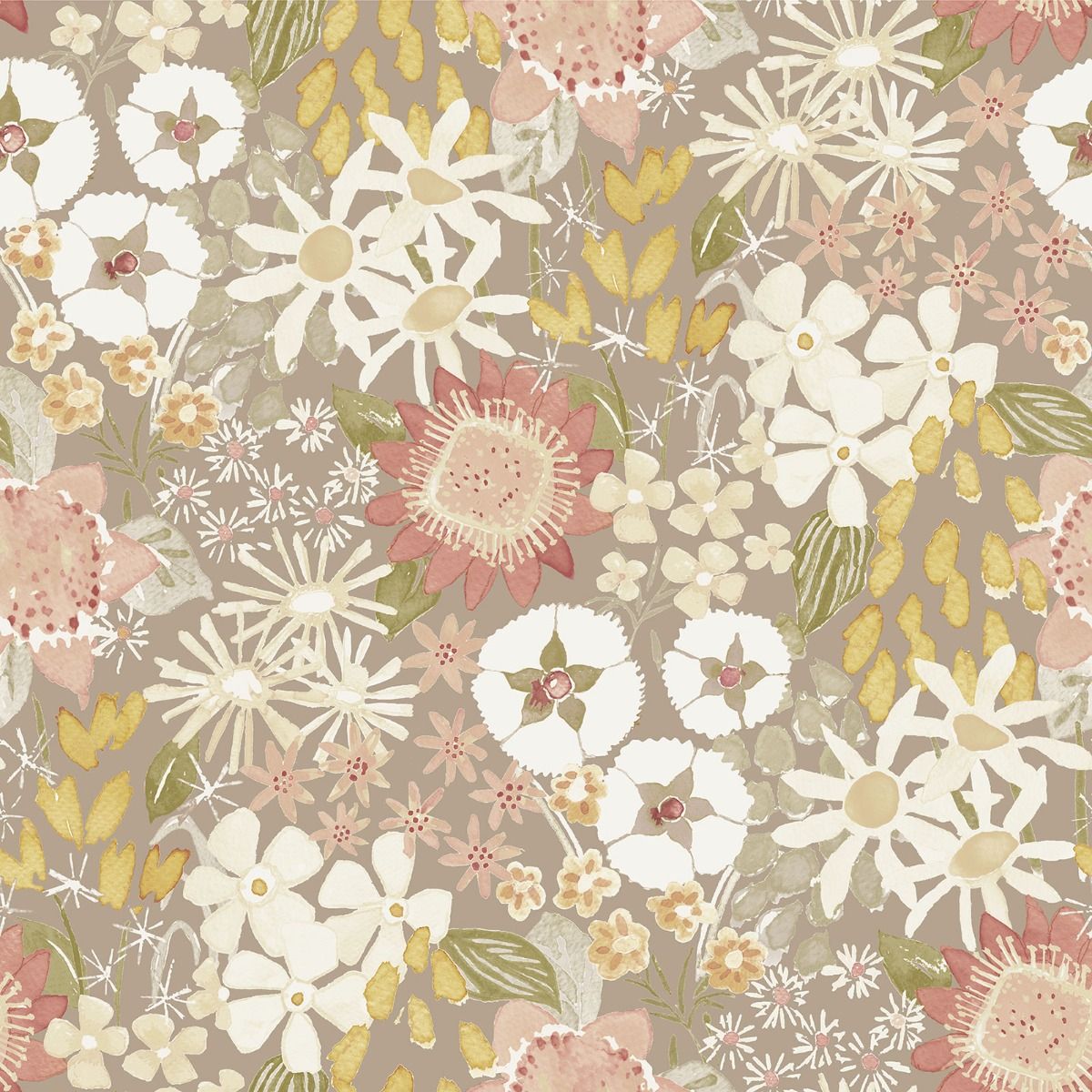Karina Wildflower Garden Vinyl Wallpaper - Natural / Pink - Fine Decor