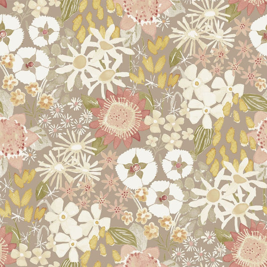 Karina Wildflower Garden Vinyl Wallpaper - Natural / Pink - Fine Decor