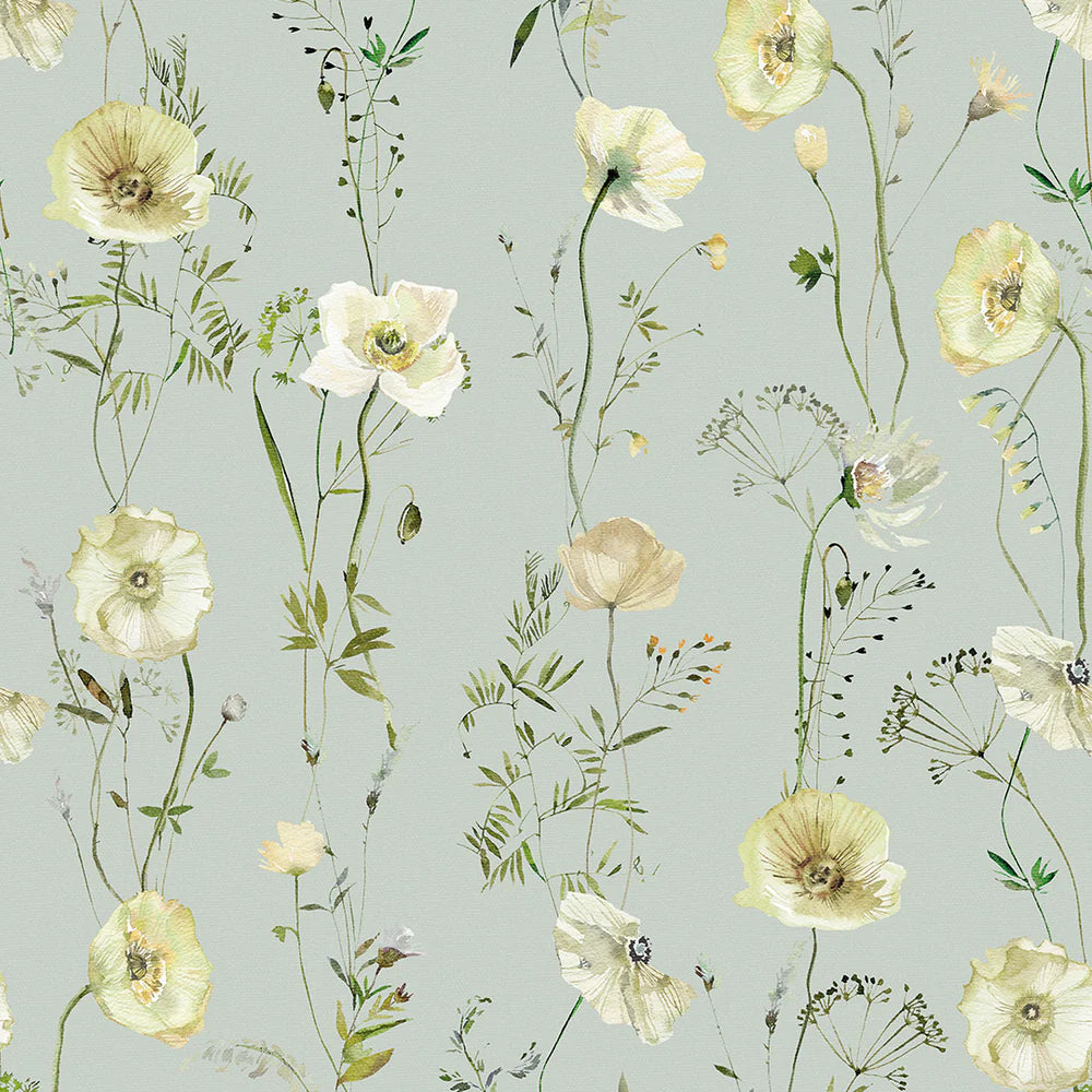 Delicate Stems Wallpaper - Shades of Cream on Seafoam Green - LAN100005