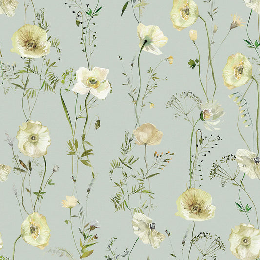 Delicate Stems Wallpaper - Shades of Cream on Seafoam Green - LAN100005
