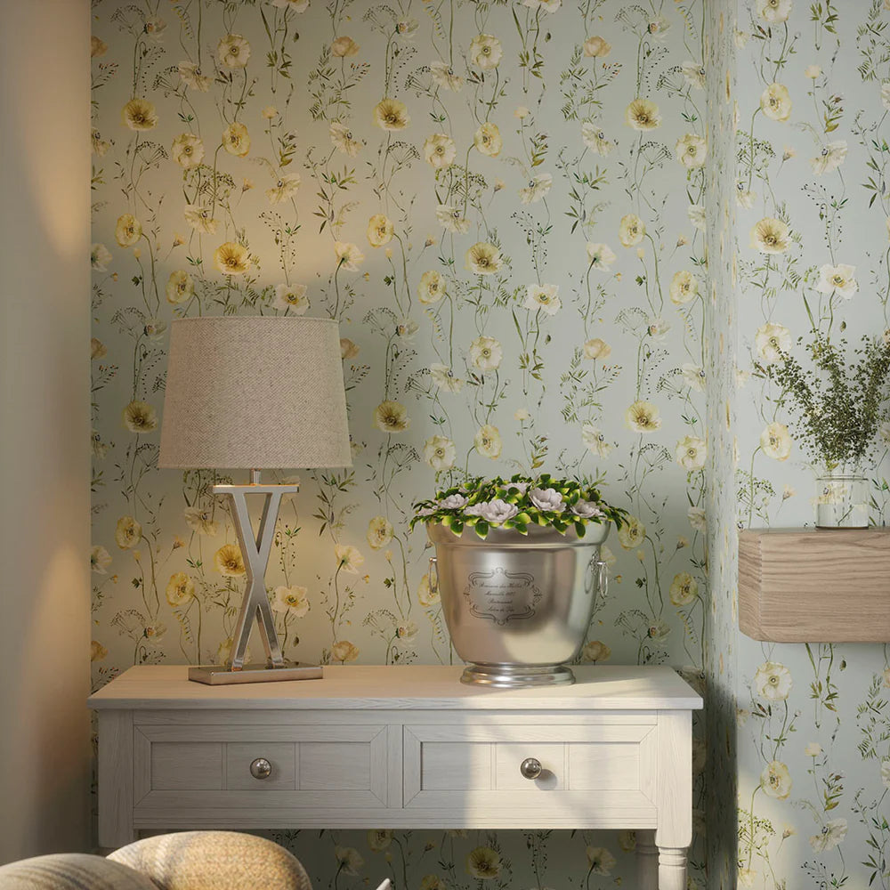 Delicate Stems Wallpaper - Shades of Cream on Seafoam Green - LAN100005