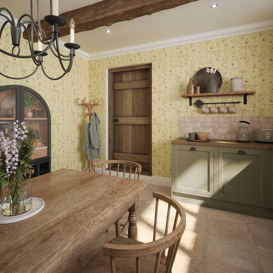 Delicate Stems Wallpaper - Shades of Cream on Soft Lemon - LAN100006