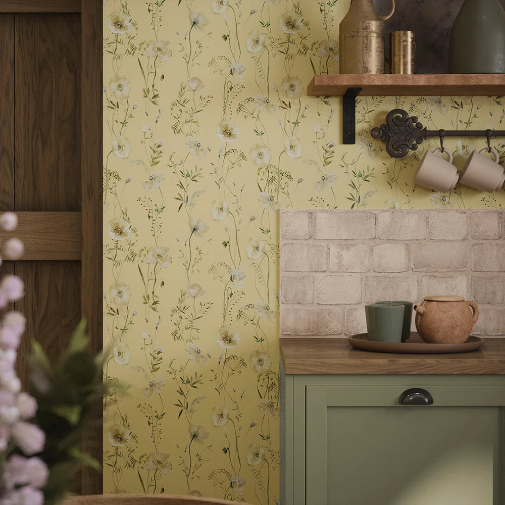 Delicate Stems Wallpaper - Shades of Cream on Soft Lemon - LAN100006