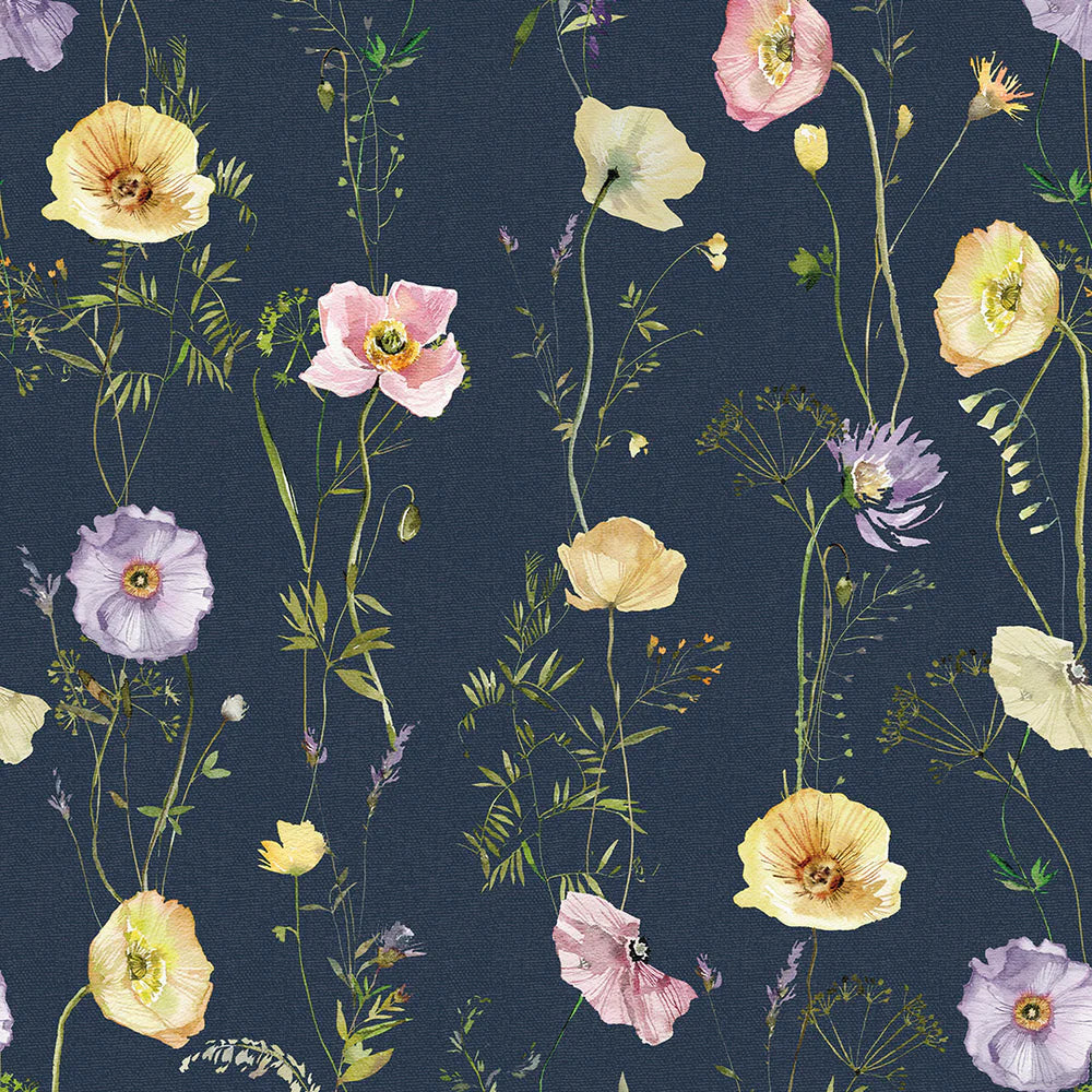 Delicate Stems Wallpaper - Soft Pastels on Classic Navy - LAN100007