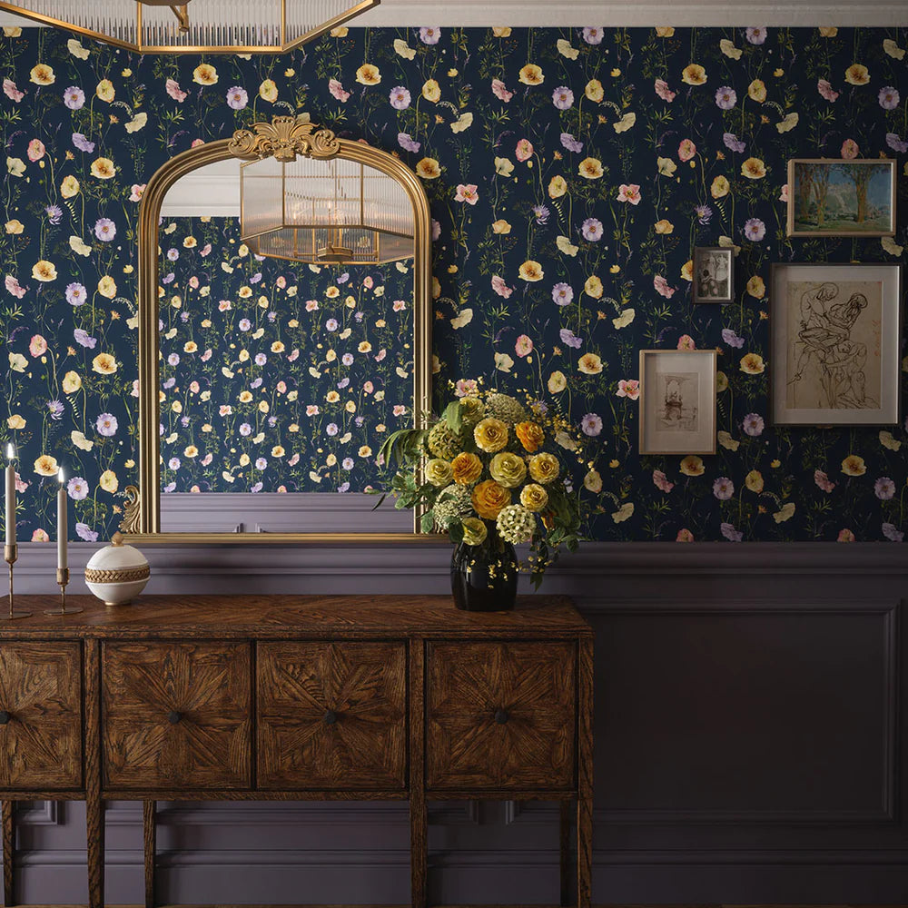Delicate Stems Wallpaper - Soft Pastels on Classic Navy - LAN100007
