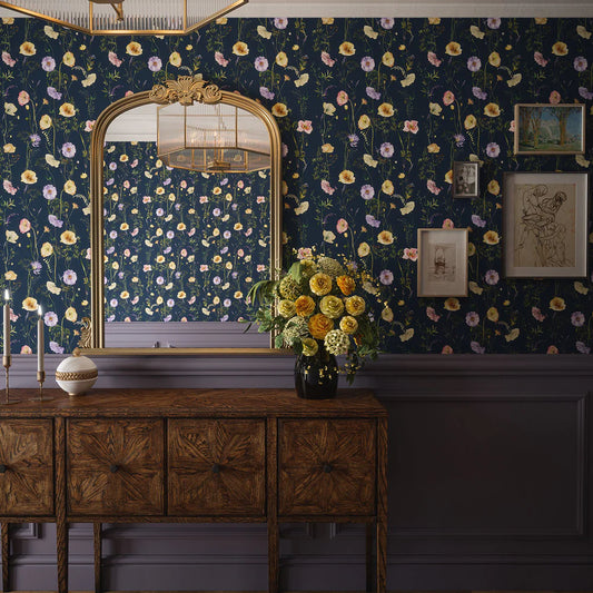 Delicate Stems Wallpaper - Soft Pastels on Classic Navy - LAN100007