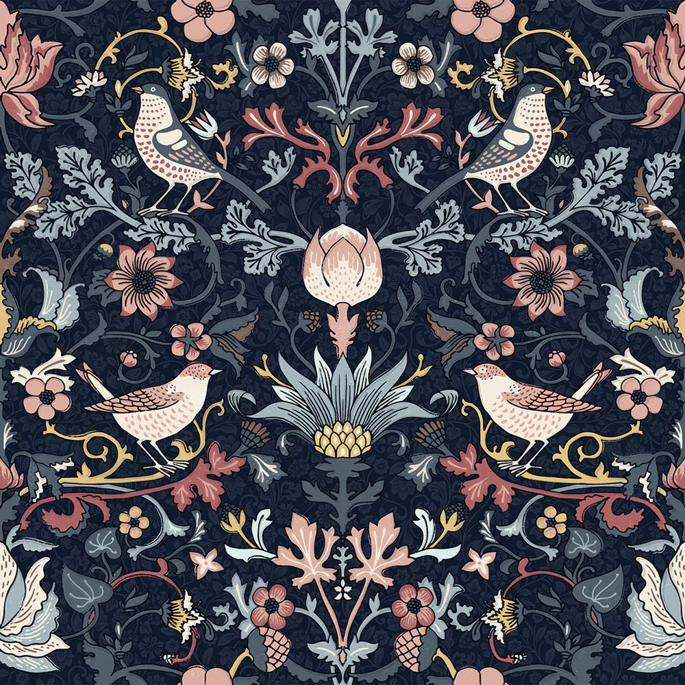 Garden Visitors Wallpaper - Shades of Rose and Mineral on Royal Navy - LAN100008