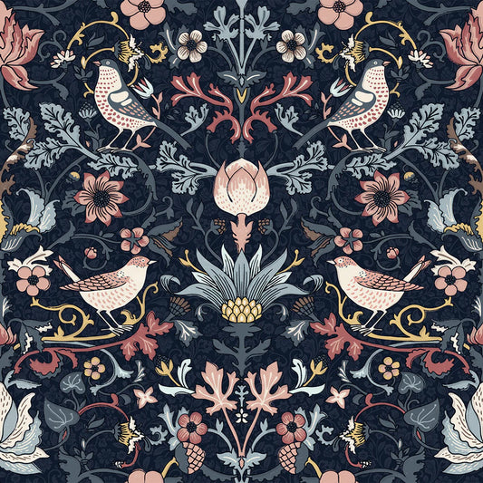 Garden Visitors Wallpaper - Shades of Rose and Mineral on Royal Navy - LAN100008