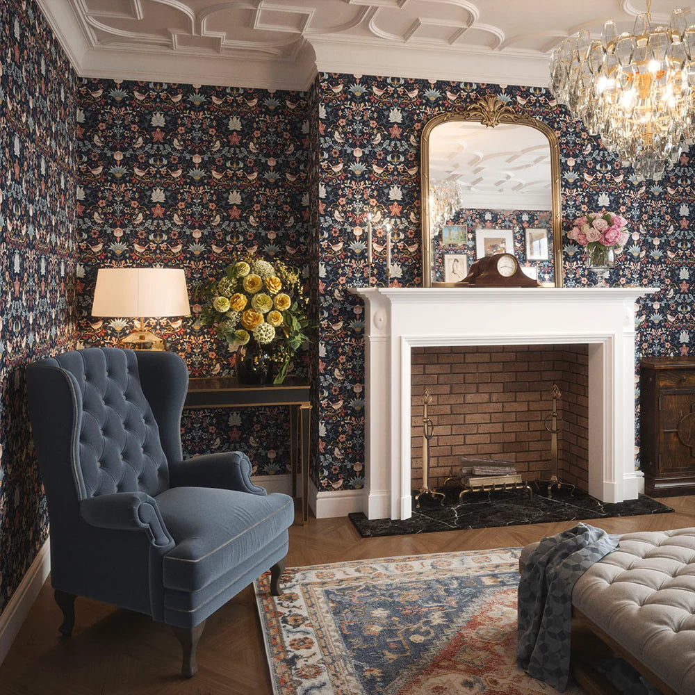 Garden Visitors Wallpaper - Shades of Rose and Mineral on Royal Navy - LAN100008
