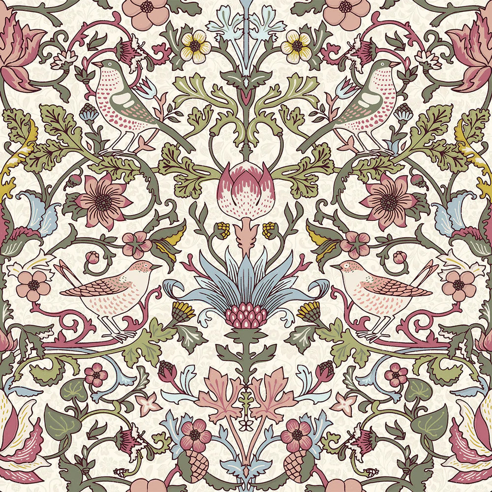 Garden Visitors Wallpaper - Raspberry, Mineral and Olive on Windsor Cream - LAN100009
