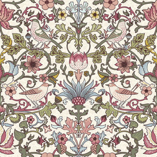 Garden Visitors Wallpaper - Raspberry, Mineral and Olive on Windsor Cream - LAN100009