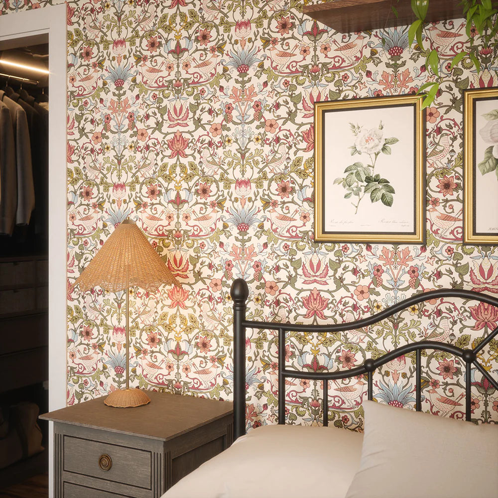 Garden Visitors Wallpaper - Raspberry, Mineral and Olive on Windsor Cream - LAN100009
