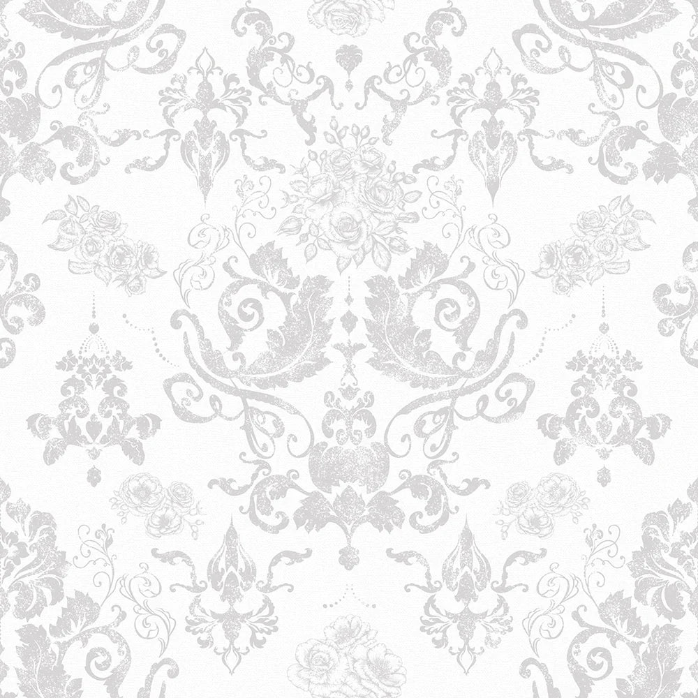 Bridgerton Damask Wallpaper - Pearl White and Vintage Grey - LAN100018