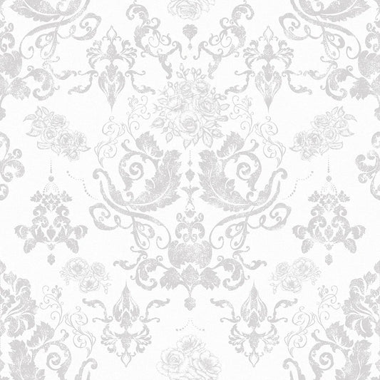 Bridgerton Damask Wallpaper - Pearl White and Vintage Grey - LAN100018
