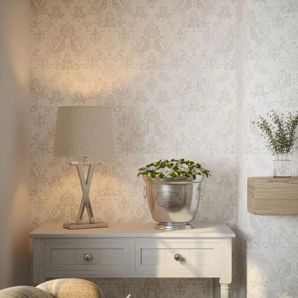 Bridgerton Damask Wallpaper - Pearl White and Vintage Grey - LAN100018